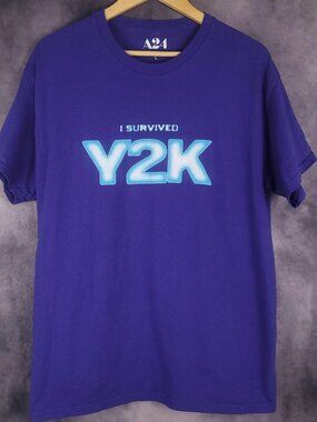 Kyle Mooney A24 I Survived Y2K comedy movie indigo blue promo shirt